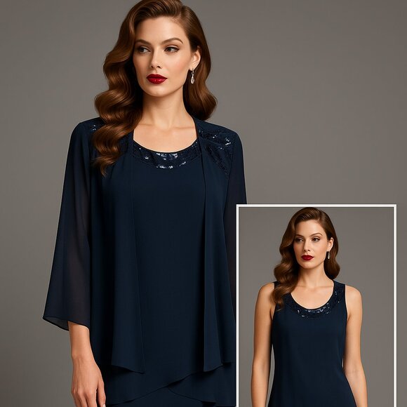 S L Fashions Navy Blue Chiffon Tiered Sequined Dress With Jacket. Size 16 - Picture 1 of 14